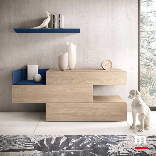 Comò modula con elementi sfalsati e elemento vassoio