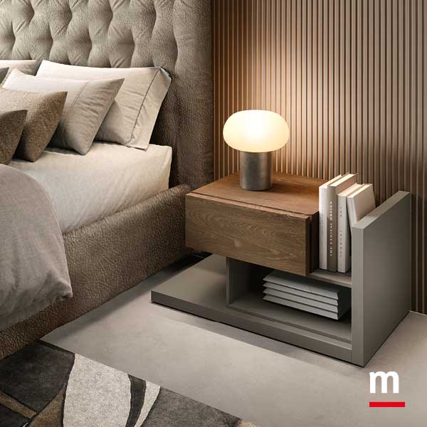 Comodino composto da elementi con cassetto e a giorno